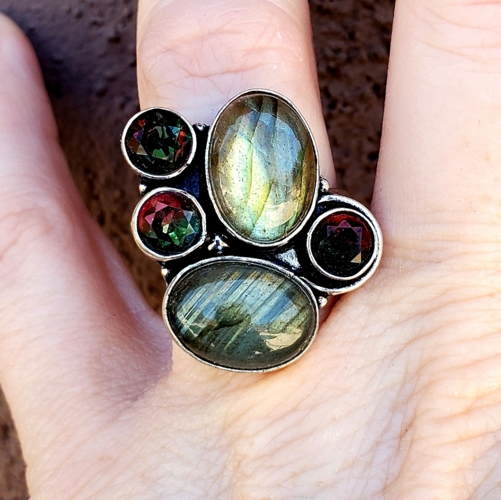 New Labradorite & Bi-Color Tourmaline Silver Ring.